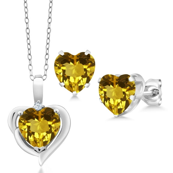 Gem Stone King 4.22 Ct Heart Citrine White Created Sapphire 925 Silver Pendant and Earrings Jewelry Set