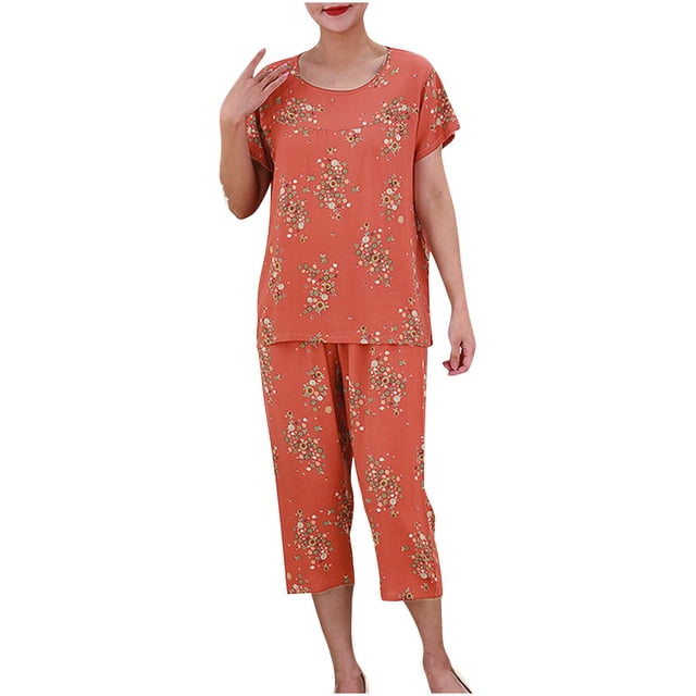 Pisexur Ensembles de Pyjama pour Femmes 2 Pcs, Chemises de Nuit en Coton à Imprimé Floral pour Femmes, Col Rond Décontracté, T-Shirts à Manches Courtes et Pantalons de Détente Longueur Genou, Pyjamas Grande Taille pour Femmes Ensemble TG-4TG