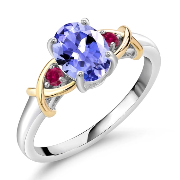 Gem Stone King 925 Silver and 10K Yellow Gold Oval Blue Tanzanite and Red Created Ruby Women Ring (1.26 Cttw, Size 7)