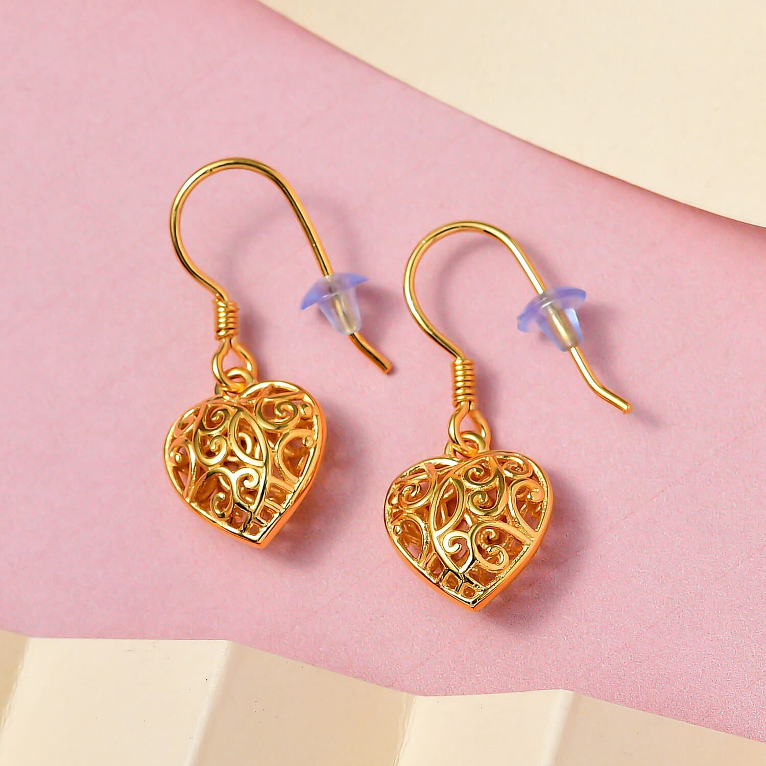 Filigree Heart Dangle Earrings - 14K Yellow Gold Plated 925 Sterling Silver Open Heart Drop Earrings - Openwork Dangling Earring Jewelry Birthday Christmas Gifts for Women