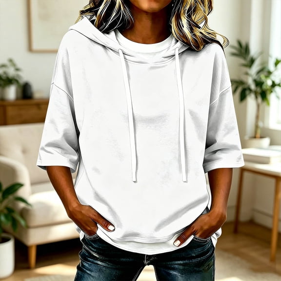 Trendfront Womens Summer Crew Neck 3/4 Sleeve Tops Solid Color Plain Drawstring Hooded Tees Casual Design Fashion Style Apparel T-Shirts