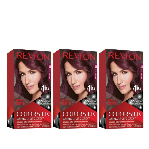 Revlon ColorSilk Beautiful Permanent Hair Dye, Dark Brown, At Home Full Coverage Application Kit, 34 Deep Burgundy, 3 Pack Revlon ColorSilk Beautiful Permanent Hair Dye, Dark Brown, At Home Full Coverage Application Kit, 34 Deep Burgundy, 3 Pack