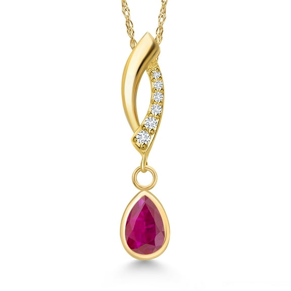 Gem Stone King 14K Yellow Gold Red African Ruby and Lab Grown Diamond Pendant Necklace for Women | 0.67 Cttw | Gemstone July Birthstone | Pear Shape 7X5MM | With 18 inch Chain