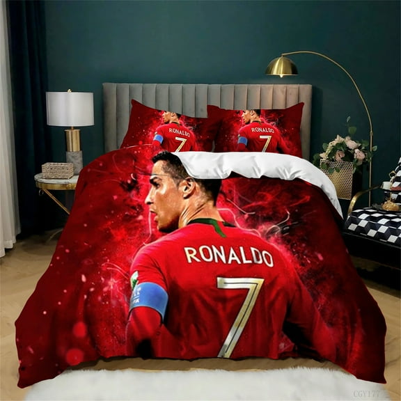 Cristiano Ronaldo Bedding Set 3 Pieces Soccer Star CR7 Duvet Cover Set Full Size Light-Weight Comforter Cover for All Season