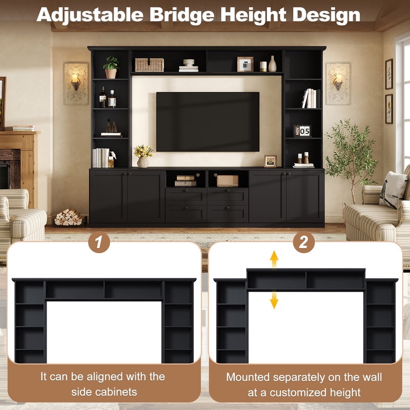 Farmhouse Entertainment Center Wall Unit with Drawers & Adjustable Shelves, TV Stand Media Console with Bridge for TVs Up to 70"