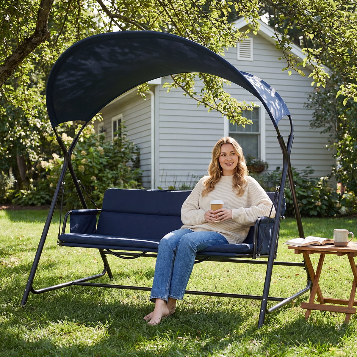 3-Person Outdoor Patio Swing Chair, Heavy-Duty Metal Frame Garden Porch Swing with Cushion