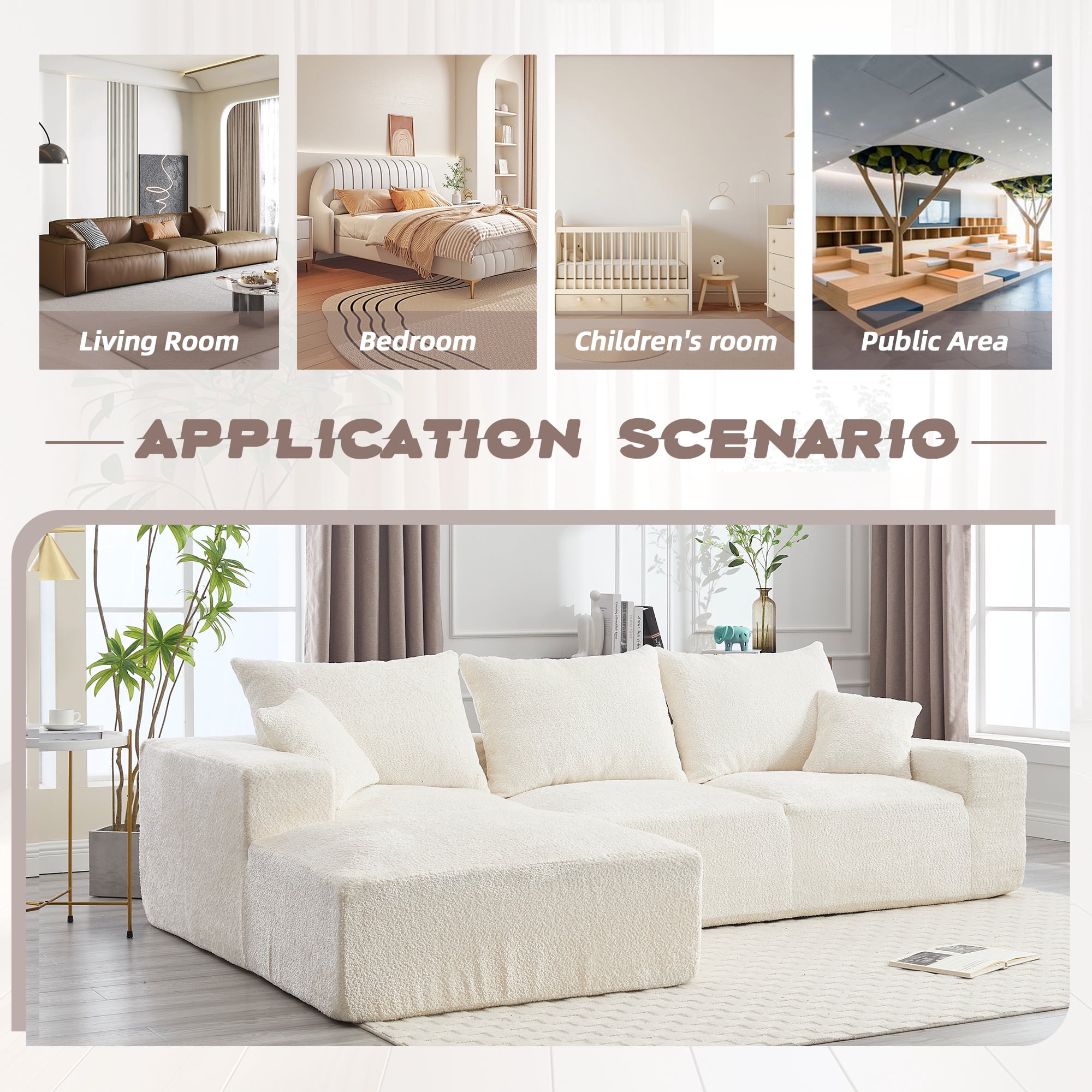 MOONMISS Boucle Upholstered L-shaped Intimate Comfort Deep Seat Modern Sofa with 5 Pillows-Beige