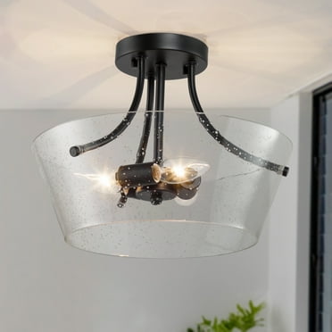 LaLuz Modern 3-Light Drum Glass Semi-Flush Mount Ceiling Light - Black - D13"xH10"