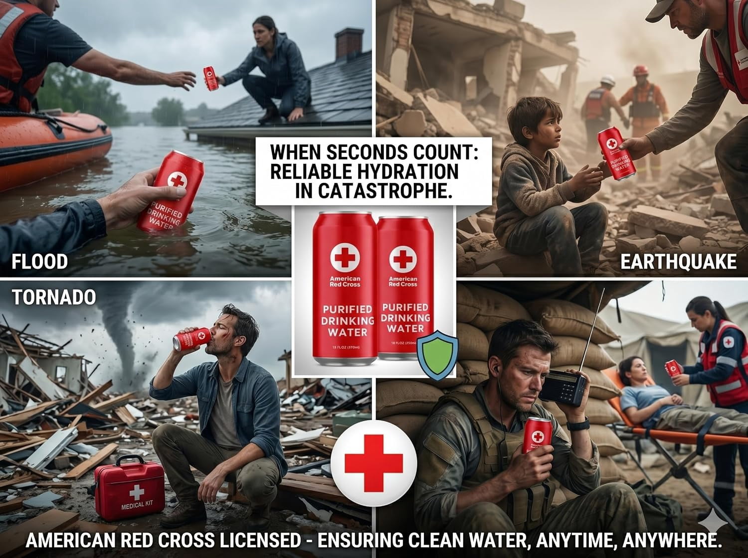 American Red Cross Licensed Emergency Drinking Water Cans by Aqua Emergency 12 Pack (16 fl oz / 473 ml Each) – 50 Year Shelf Life Long Term Water Storage, Disaster Preparedness Survival Supply