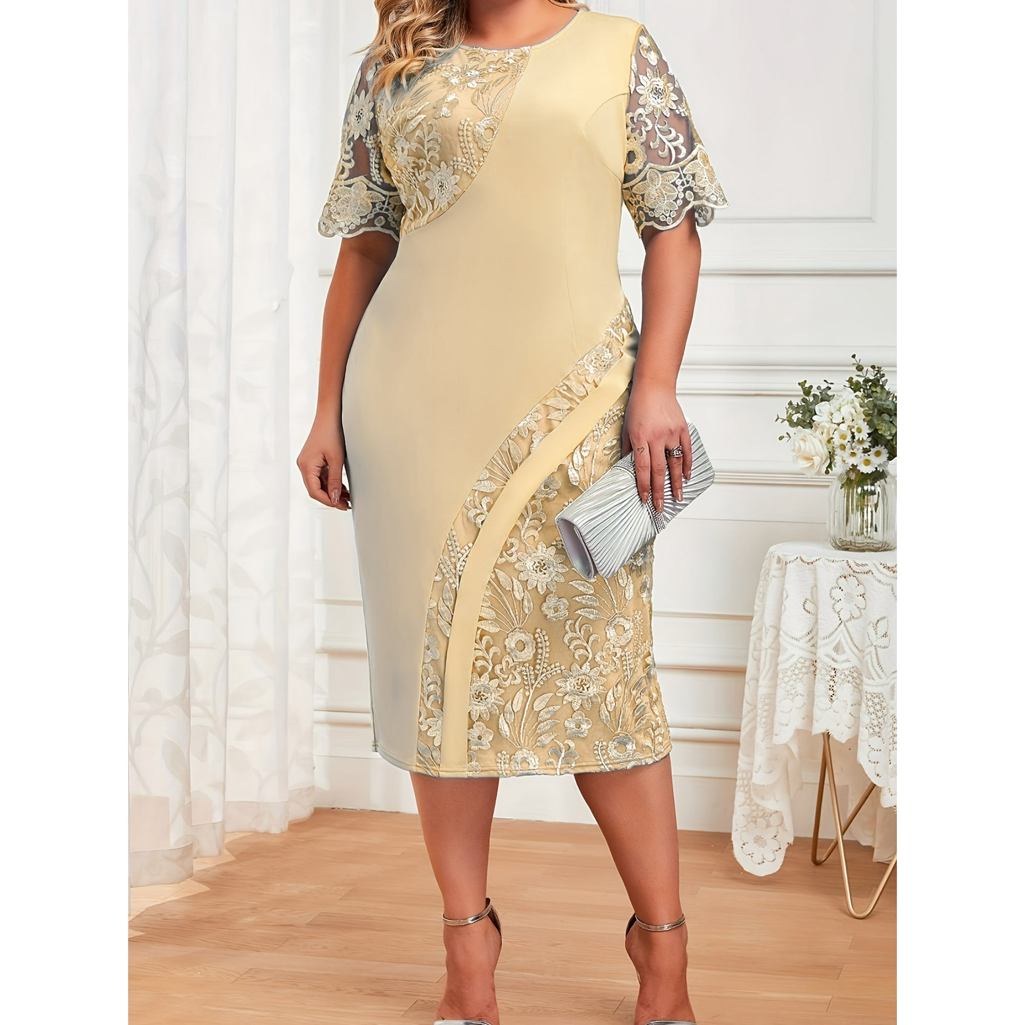 Plus Size Elegant Dress, Women's Plus Solid Contrast Lace Short Sleeve Round Neck Slim Fit Wedding Party Dress