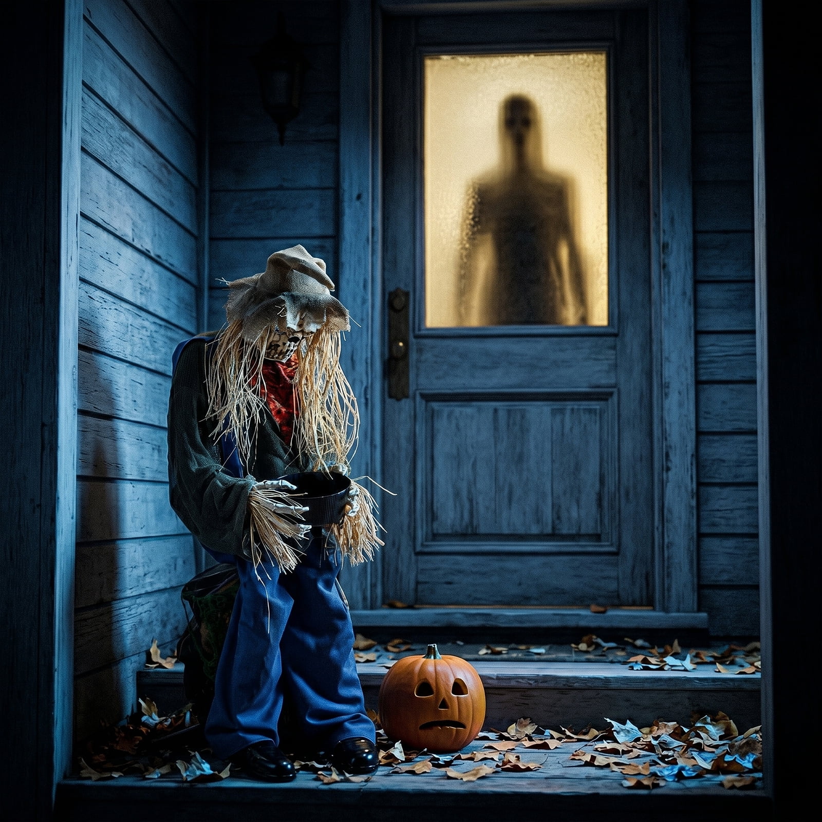 Astoutdoor 4.5 ft Halloween Sitting Scarecrow Decoration with Red Light-Up Eyes, Sound-Activated Head Movement, Male Voice, Detachable Bucket, Battery Operated