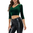 thumbnail image 4 of MODA NOVA Juniors Party V Neck 3/4 Sleeves Cropped Velvet Blouse Dark Green XS, 4 of 5