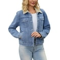 thumbnail image 4 of Women Denim Jackets Faux Fur Collar Fleece Lined Winter Thicken Denim Trucker Jacket S Blue, 4 of 6
