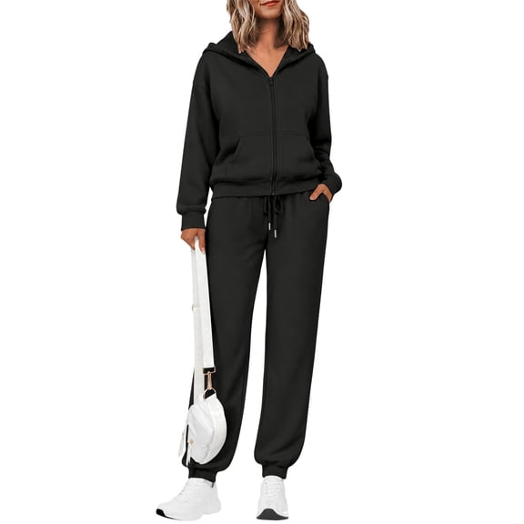 Leidass Womens 2 Piece Tracksuit Set Zip Up Hoodie and Jogger Pants Casual Lounge Set Long Sleeve Hooded Sweatshirt Black L