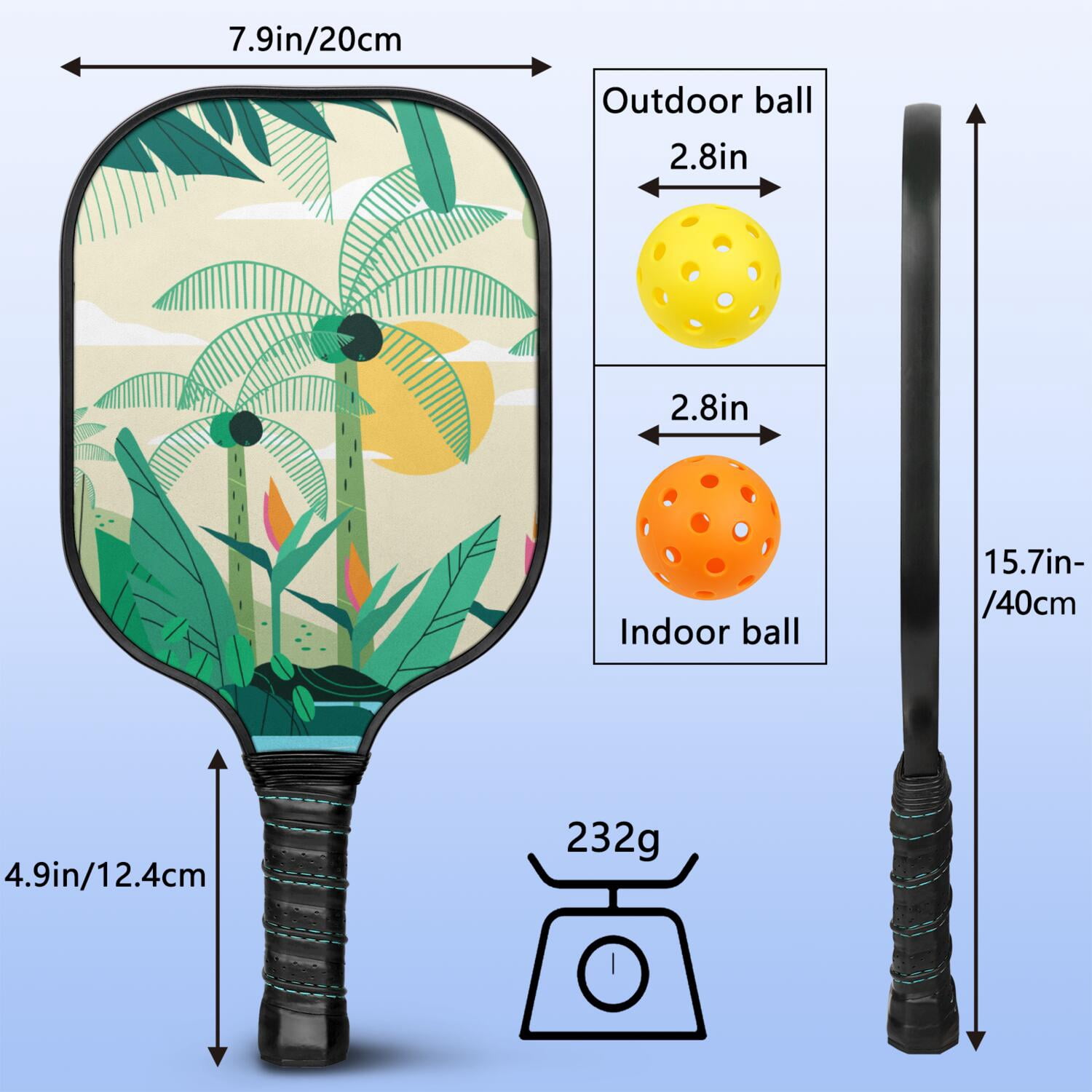 Pickleball Paddles Set Of 1, Fiberglass Surface, Tropical Leaf Print, 1 Paddle, 2 Balls & Bag