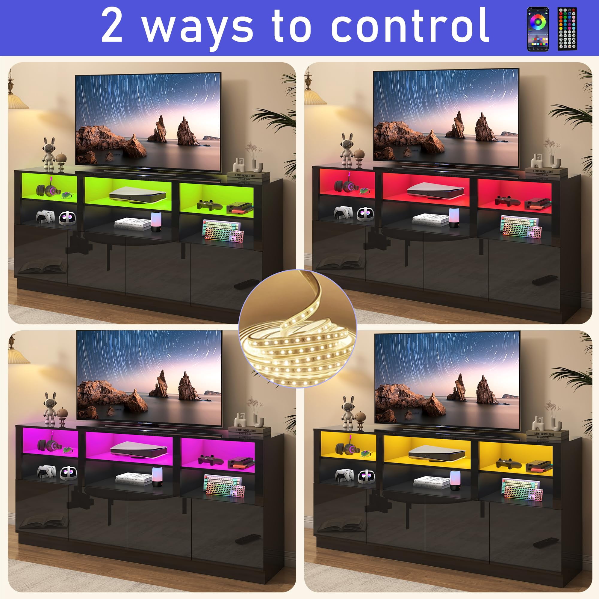 ANPOO LED TV Stand for 75” 80" 85" TVs, Tall Entertainment Center with 4 Door Storage Cabinets, Modern Glossy Gaming TV Console with for Living Room
