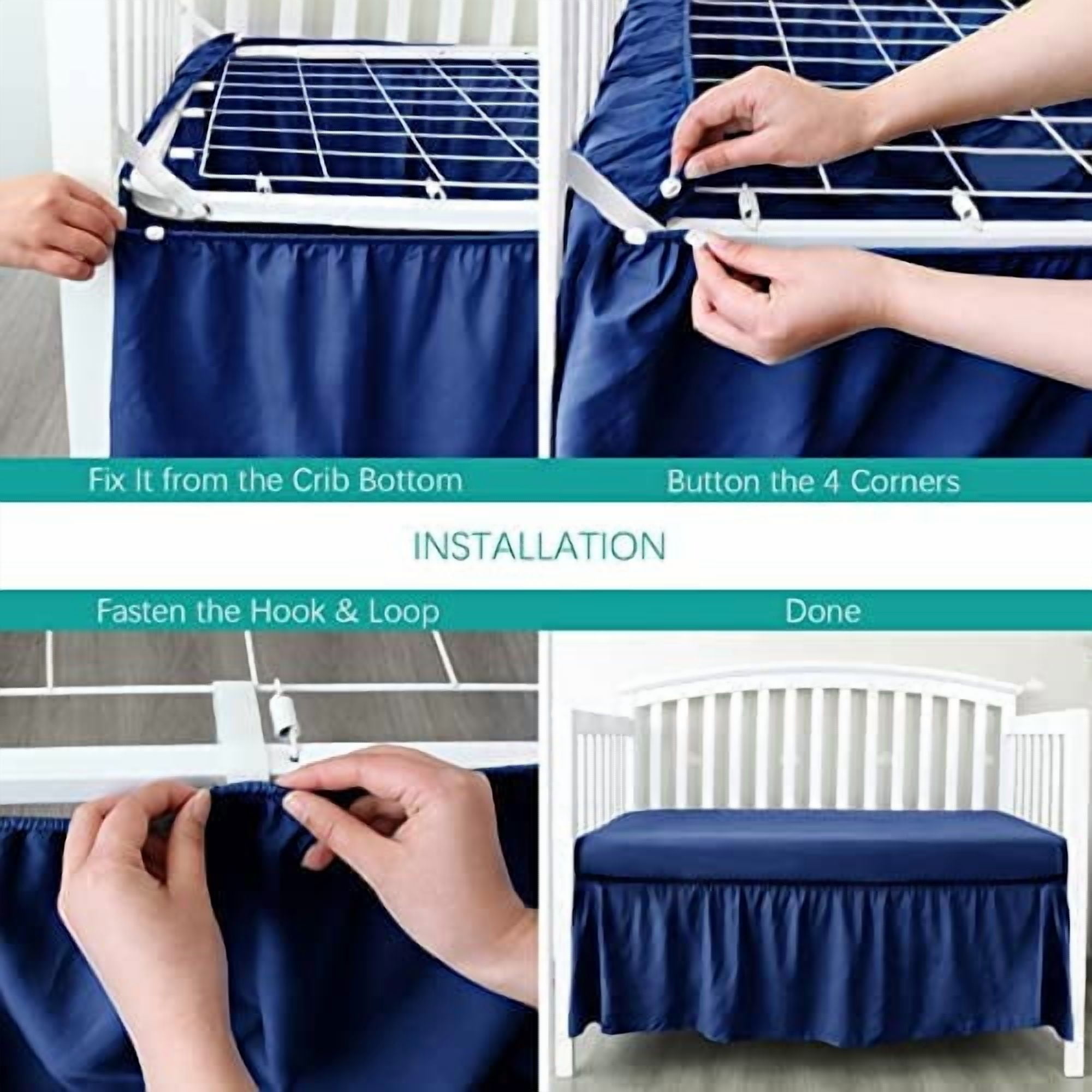 Crib Bed Skirt Navy 4 Sides Pleated Dust Ruffle Adjustable Fit Standard Crib Toddler Bed Skirts for Baby Boy or Baby Girl Crib Bedding, Navy Blue Crib Skirt Machine Wash