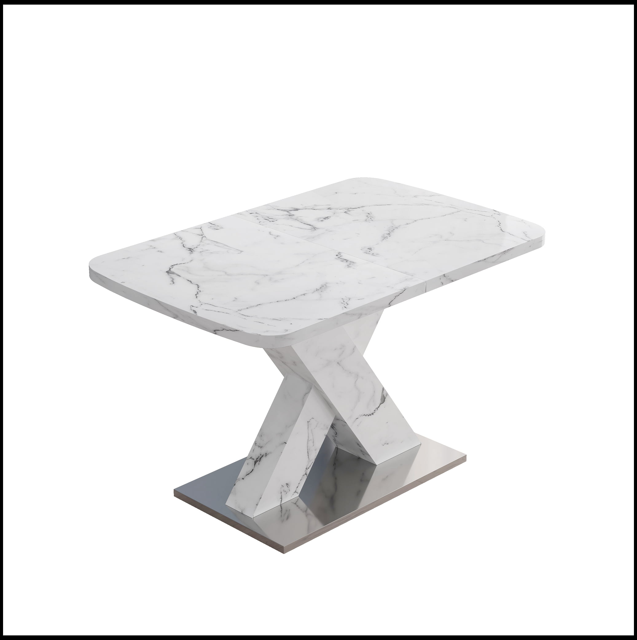 Modern Square Dining Table, Stretchable, with Printed White Marble Table Top+MDF X-Shape Table Leg with Metal Base