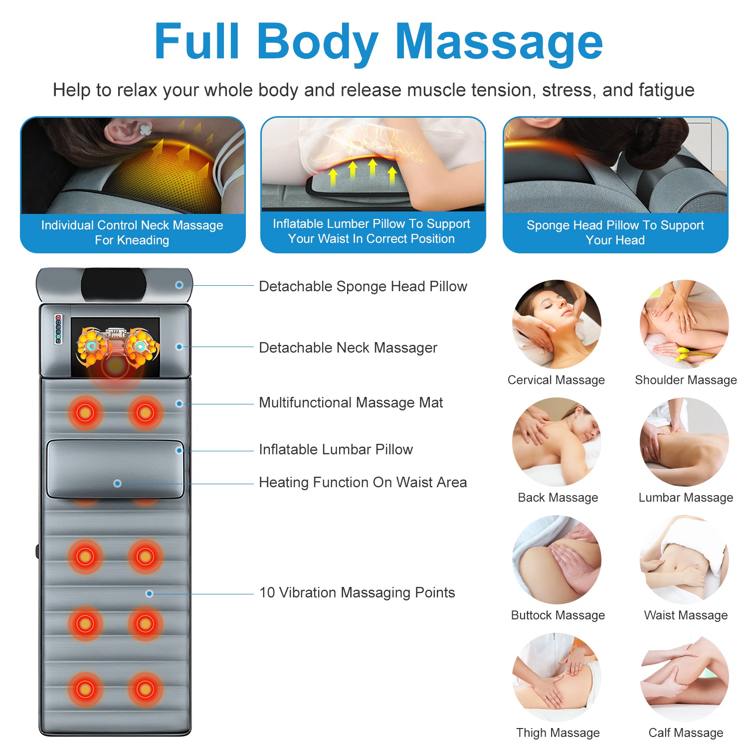 Imountek Upgraded Full Body Electric Massage Mat with Heat, Vibrating Back Massager Chair Pad with Neck Massager Lumbar Pillow, 10 Vibration Motors 3 Timers Anti-Slip Bottom Earplugs for Home Office