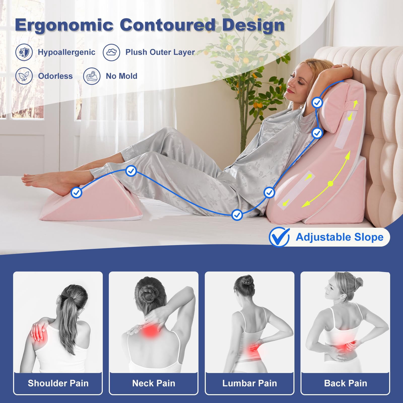 4pcs Bed Wedge Pillow Set For - Adjustable Memory Foam Support Pillows Back/leg/shoulder  Acid Reflux & Anti Sleeping System Pink