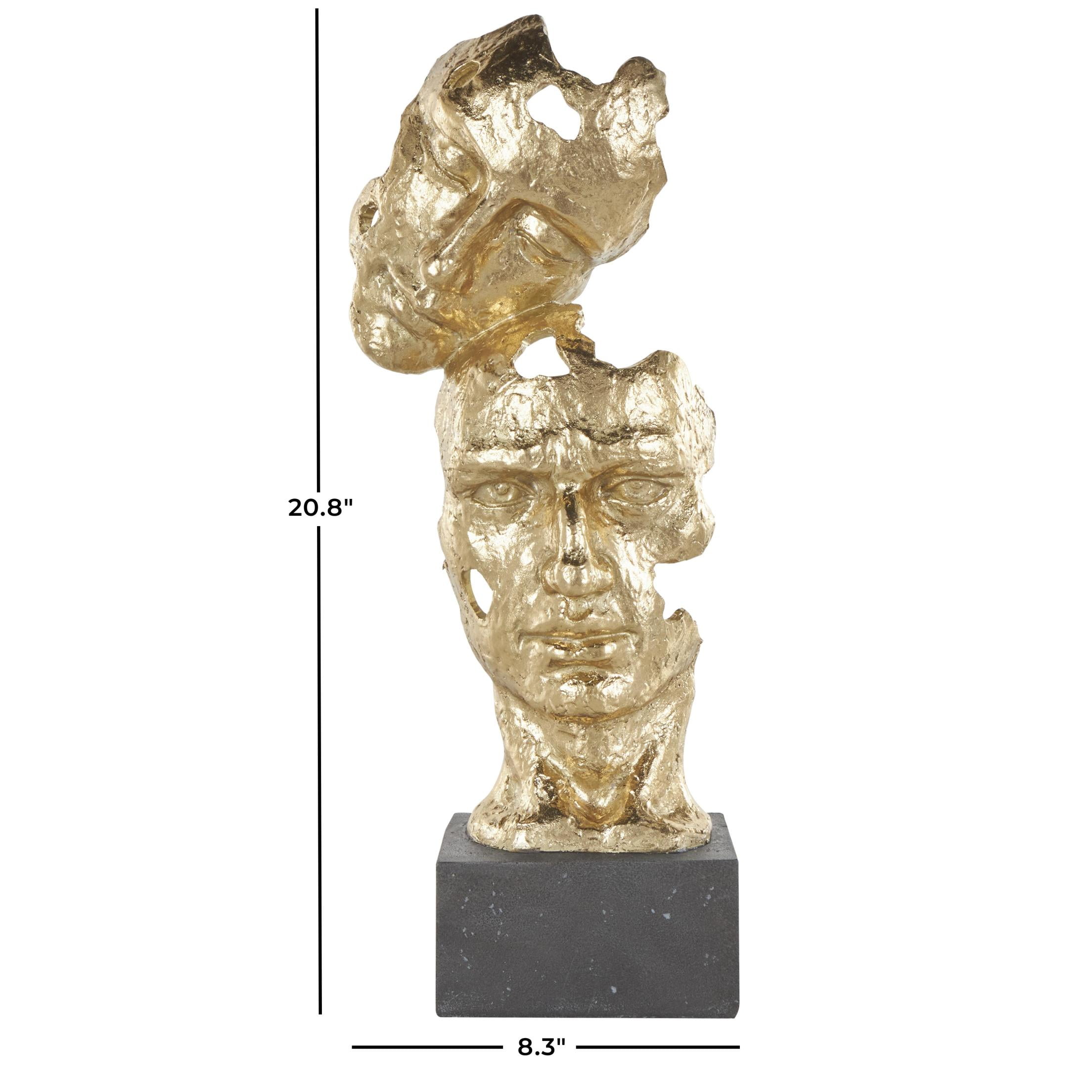 8" x 21" Gold Polystone Stacked Face Cutout Mask Sculpture with Black Block Base, by DecMode