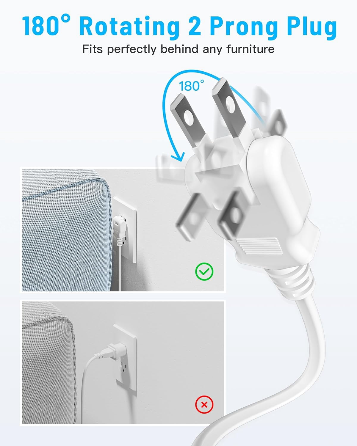 10FT 2 Prong Power Strip, 2 Prong to 3 Prong Outlet Adapter, Flat Extension Cord, Surge Protector with Rotating Plug, 6 Outlets 4 USB(2 USB C), Wall Mount, Ideal for Non-Grounded Outlets