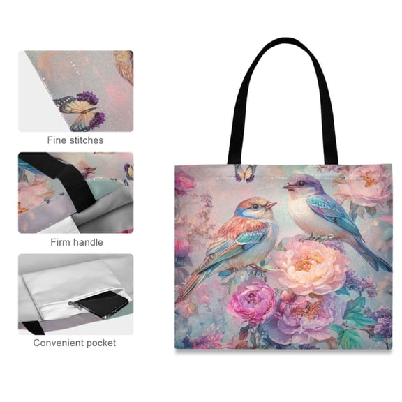 Canvas Tote Bag for Women Girls Design Print Butterflies Colorful Birds Flowers Tote