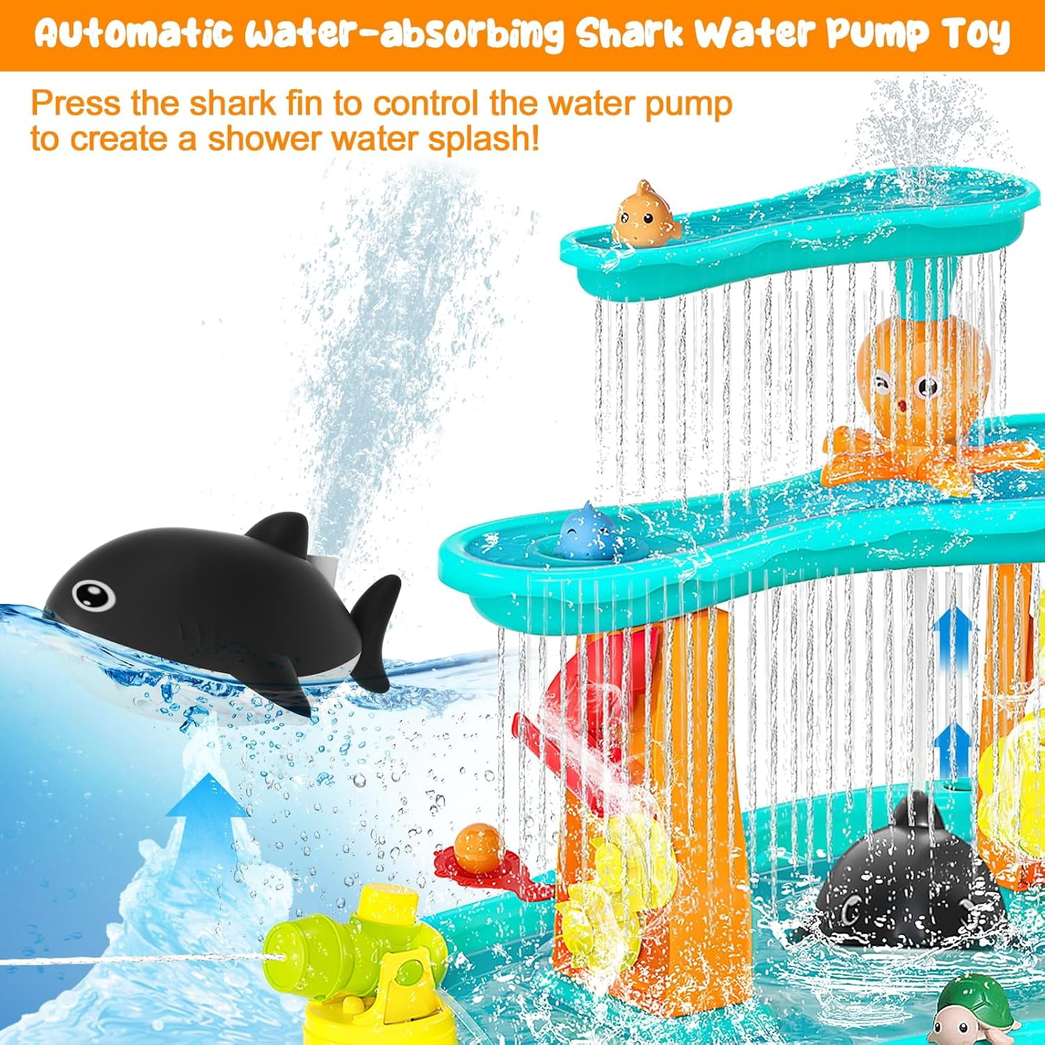 Toddler Water Table, Auto Water-Absorbing 3-Tier Kids Water and Sand Activity Table with Umbrella & 20PCS Water Toy Accessories, Outdoor Water Play Toys Sensory Playset Summer Gift for Age 3+