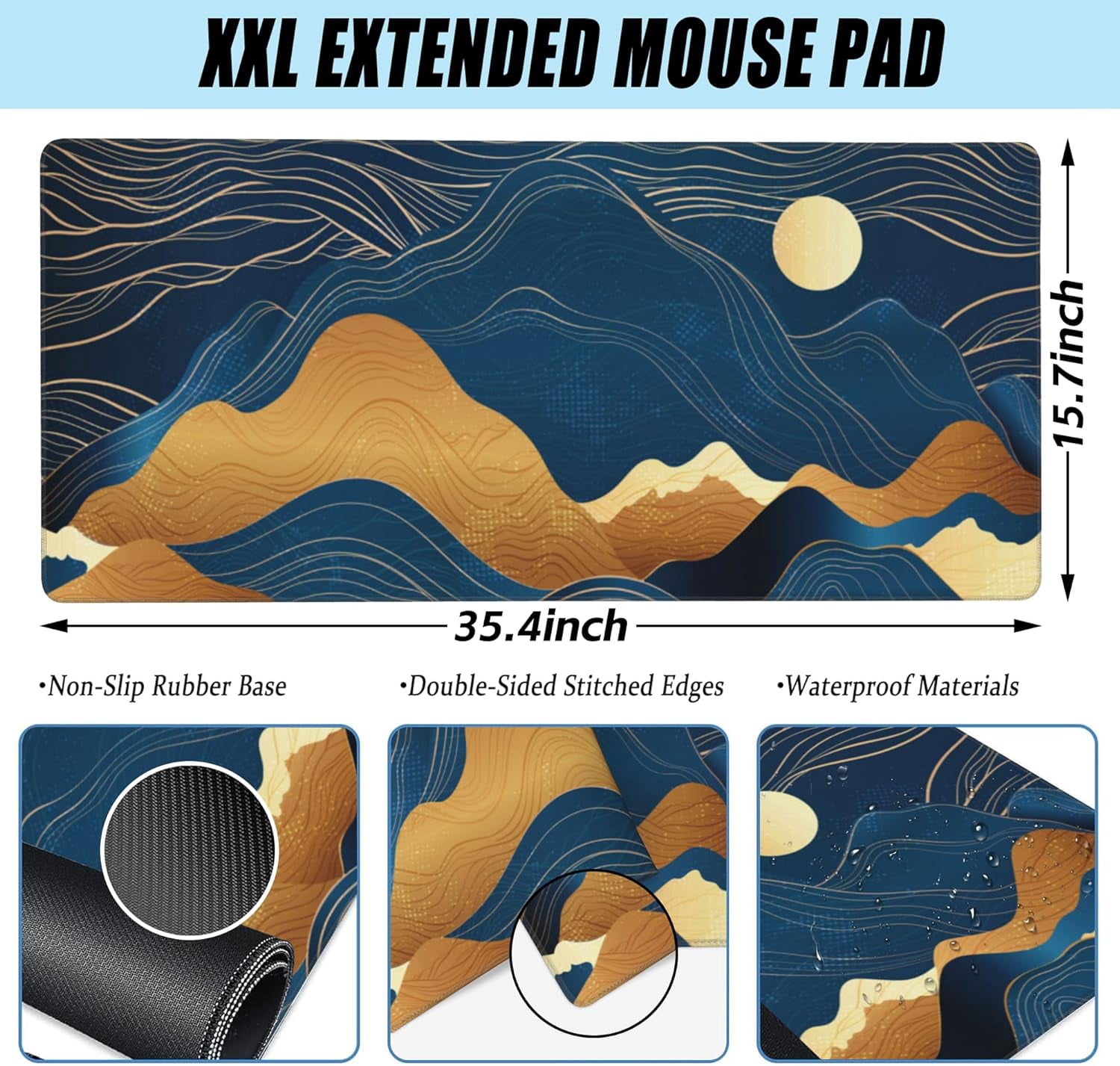 Desk Pad, Night Moon and Golden Mountains Extended Large Gaming Mouse Pad for Desk XXL, Large Desk Mat for Desktop with Non-Slip Rubber Base Stitched Edges for Home Office Desk 35.4"X15.7"