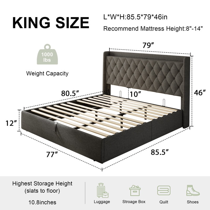 iPormis King Size Bed Frame with Lift Up Storage & Charging Station, Button Tufted Wingback Upholstered Headboard, Wooden Slats Support, No Box Spring Needed, Noise Free, Dark Grey
