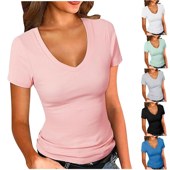 VBVC Women's V-Neck Short Sleeve T-Shirt , Ladies' Form Fitted Stretchy Top , Slim Fit Casual Tee For Women,Black,S-2XL