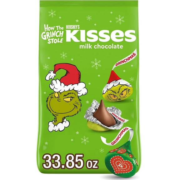 Hershey's Kisses Grinch Milk Chocolate Christmas Candy, Bulk Bag 33.85 oz