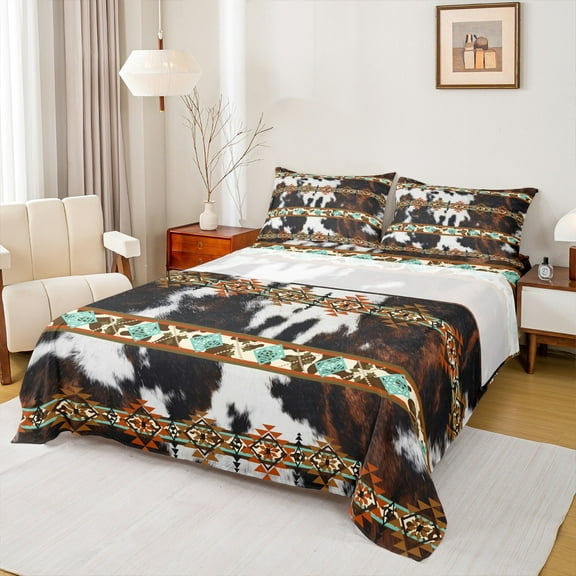 Castle Fairy Cow Print 3Pcs Twin Sheet Sets for Teens Women Men,Bohemian Aztec Twin Fitted Sheet,Exotic Style Breathable Flat Sheet,Super Cozy Room Decor