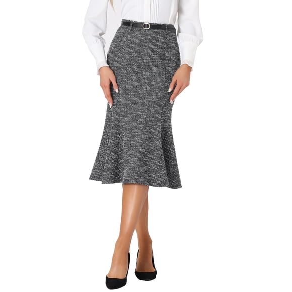 Falda Midi de Tweed INSPIRE CHIC para Mujer con Cinturón de Cuadros y Cola de Pez Negra