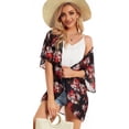 thumbnail image 3 of Women's Floral Print Puff Sleeve Kimono Cardigan Loose Cover Up Casual Blouse Tops, 3 of 7