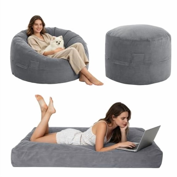 4FT Convertible Giant Bean Bag Chair Bed, Multi‑Purpose 2‑in‑1 Grey Bean Bag Sofa and Floor Mattress