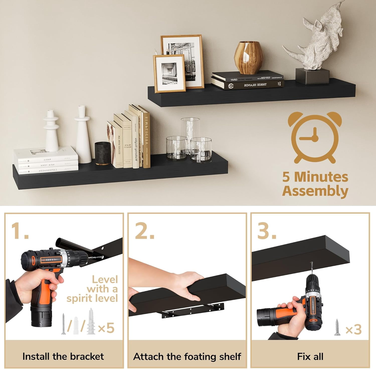 Floating Shelves Wall Mounted Wooden Shelves with Invisible  Set of 2, Hanging Wall Decor for Bedroom, Bathroom, Living Room and Kitchen
