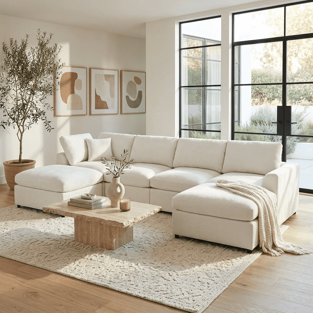 Howcool 130.3"W U-Shaped Modular Sectional Sofa with 2 Movable Ottomans,6-Seater Chenille Upholstered Sofa,Deep Seat Sofa Couch for Living Room and Apartment,Beige