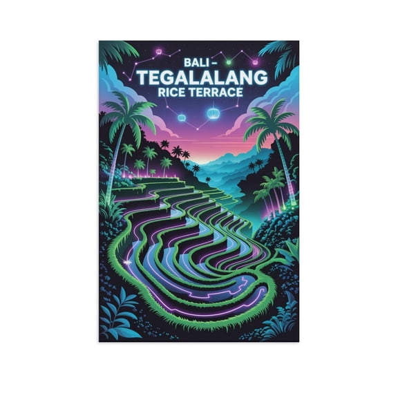 Tegalalang Rice Terrace Bali Cyberpunk Neon Travel Poster Futuristic Tropical Rice Fields Digital Wall Art Print Poster