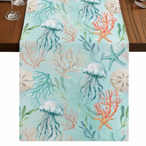 Table Runners 36 Inches Long Dress Scarves, Teal Red Coastal Jellyfish Farmhouse Kitchen/Dining Table Runner, Short Coffee Tablerunners, Summer Nautical Beach Coral Starfish 13x36 Inch
