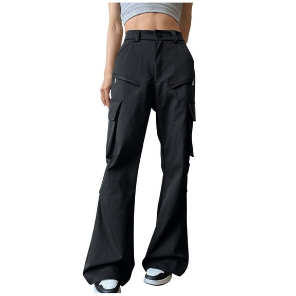 ABATAB Trendy Women's Cargo Pants with Pockets High-Waisted Flared Pants Casual Fall Joggers Workout Long Pants