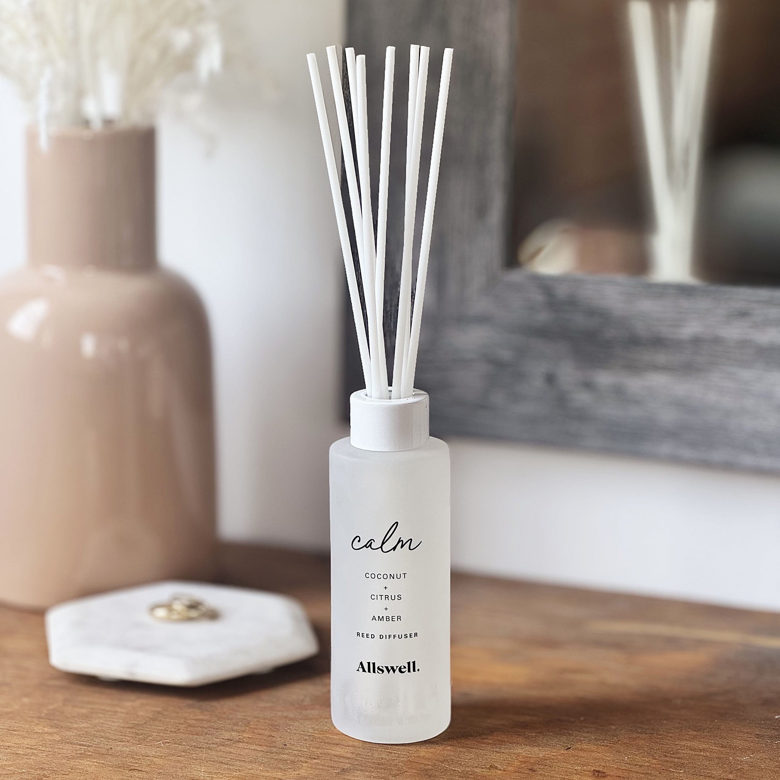 Allswell Calm (Coconut + Citrus + Amber) Scented Reed Diffuser 3 Fl Oz (90mL) With 8 Synthetic Reeds.