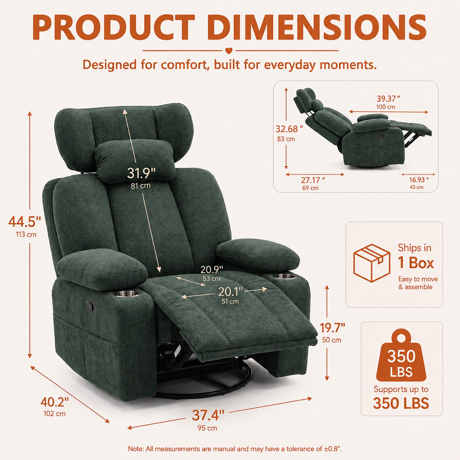 Leumius 360° Swivel Recliner Chair, Single Recliner with Adjustable Detachable Neck Pillow Ergonomic and Cup Holders, 300lbs Capacity Versatile Lounge Chair for Living Room Bedroom Home Theater