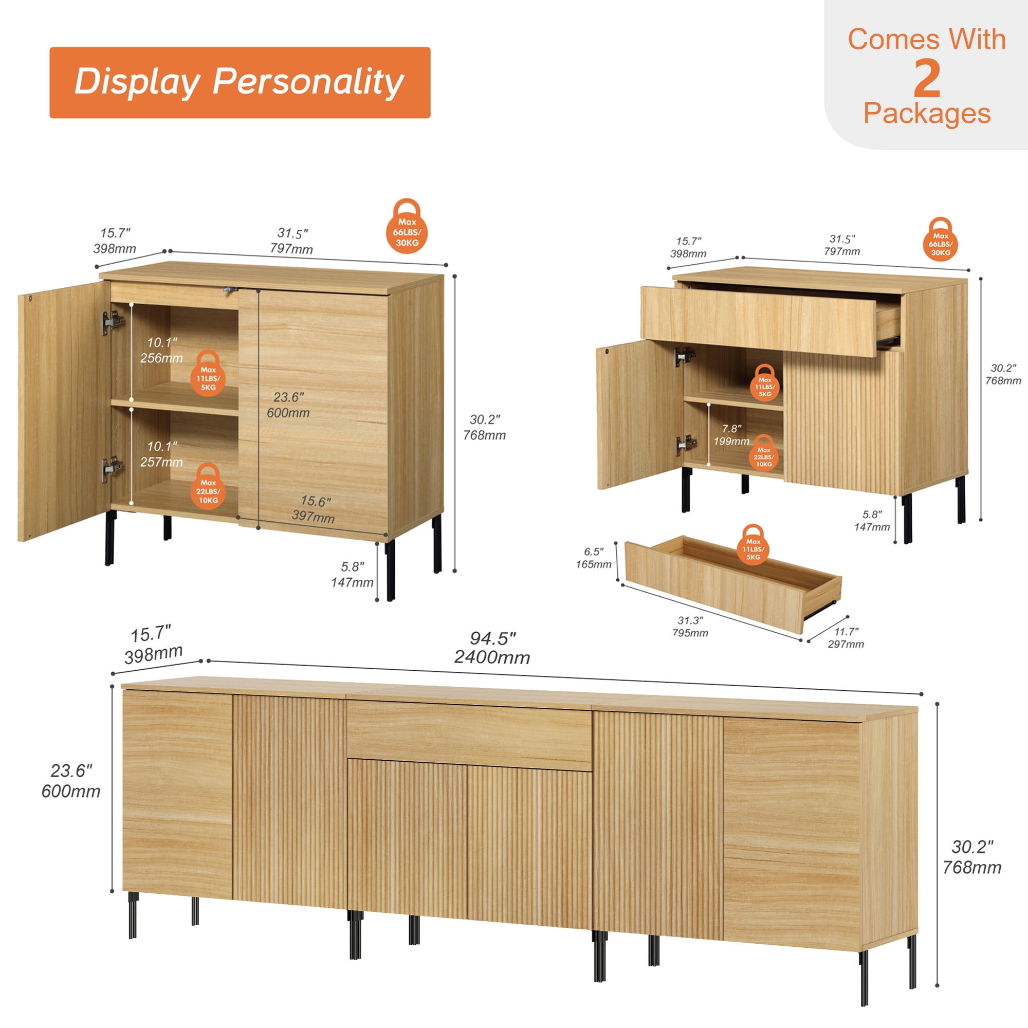 94.5" Modern Reeded Dresser TV Stand for TVs up to 100 Inch, Entertainment Center with Adjustable, Wooden TV Console with Storage for Living Room