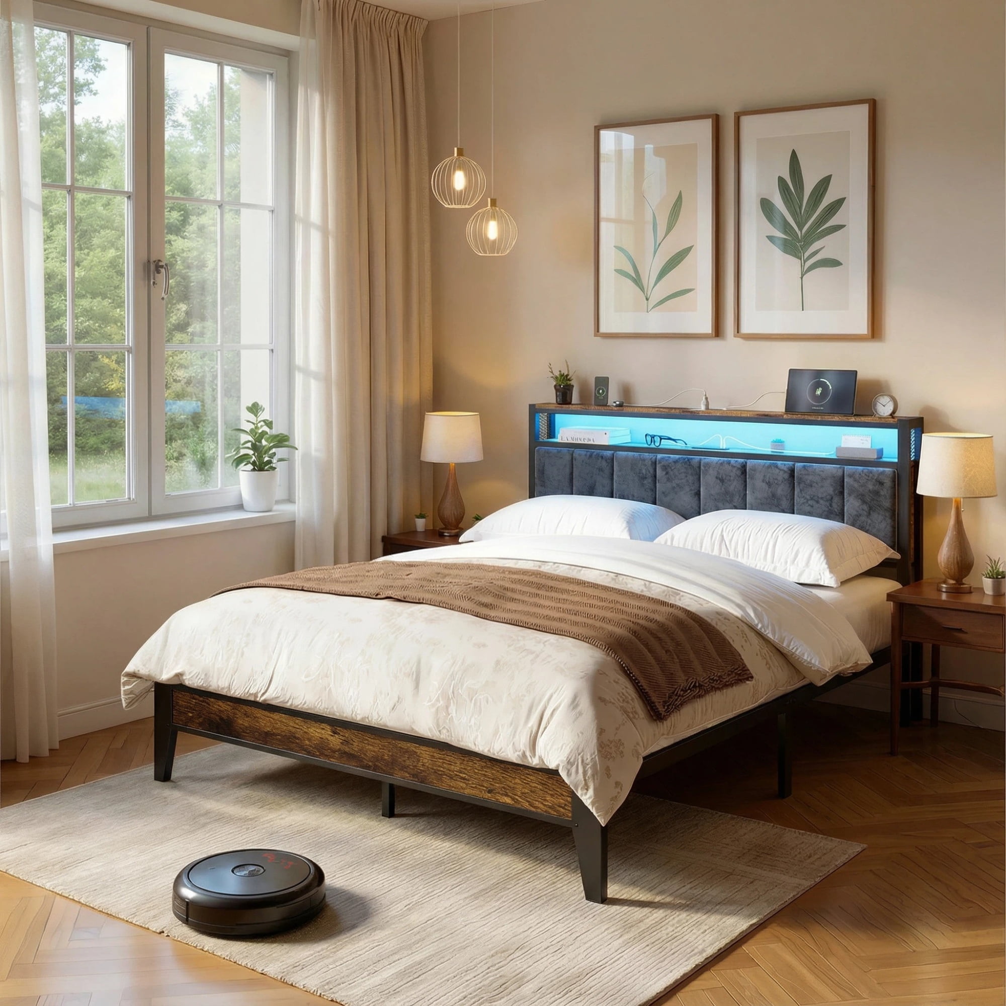OLEVS Queen Bed Frame with Headboard, LED Light, Type C & USB Charging Station