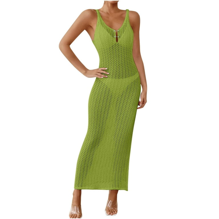 cover up for sleeveless formal dress ZIFang Long Formal Dress Women's Swimsuit Cover up Maxi Dress Sleeveless V-Neck Crochet Knit Hollow out Slim Fitting Long Dress for Summer Beach Green