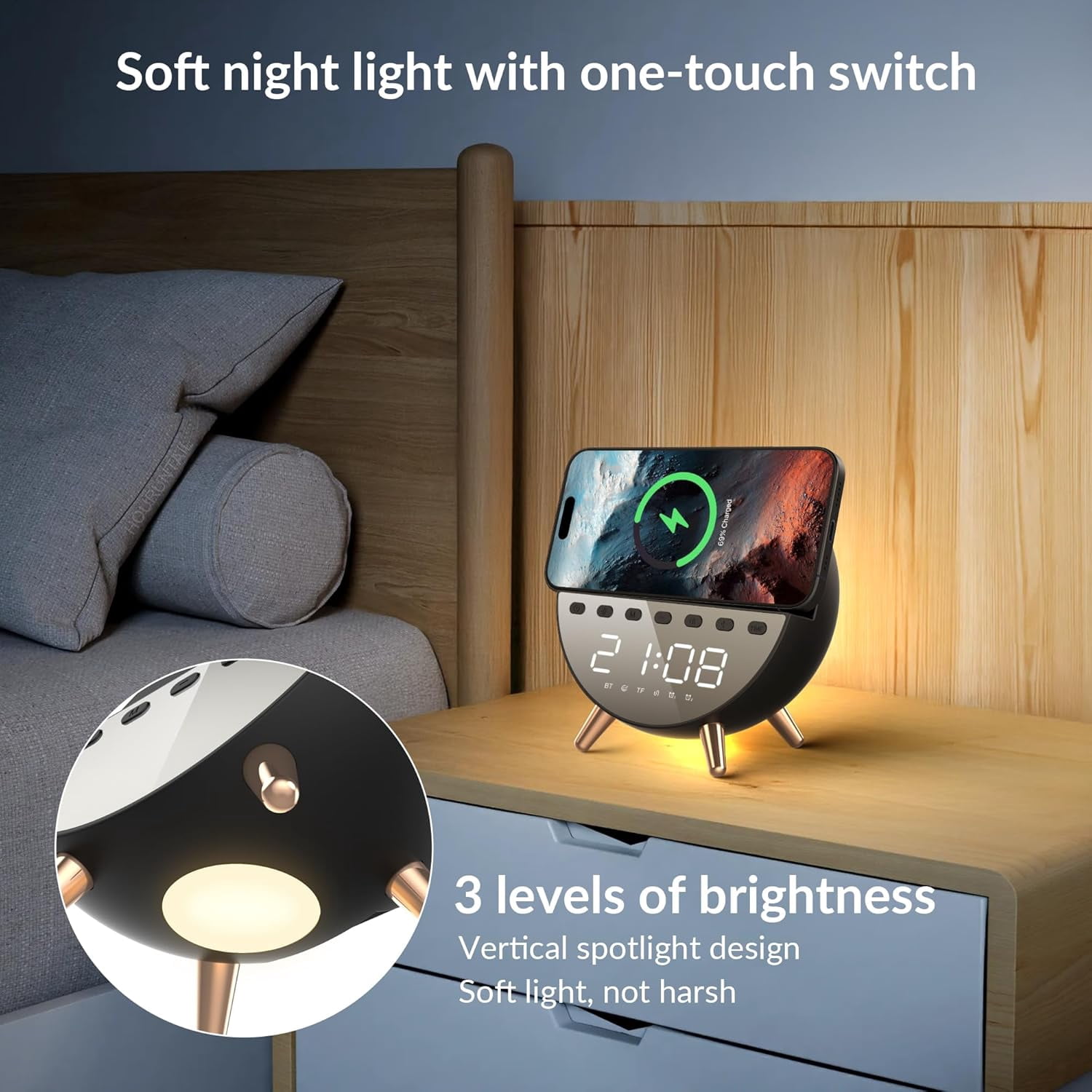 Digital Alarm Clock with 15W Wireless Charging with Warm White Light,5 Soothing Sound/White Noise,Dual Alarm Clock for Bedrooms Heavy Sleepers (Black)