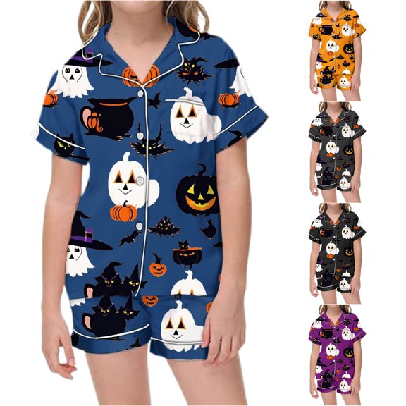 Weebloom Halloween Girl Pajamas Cute Ghost Pajamas Set Soft Printed Kids Short Sleeve Button Down Shirt Shorts Cute Holiday Outfit Tween Sleepwear Nightwear Pjs Loungewear Navy 10-11 Years