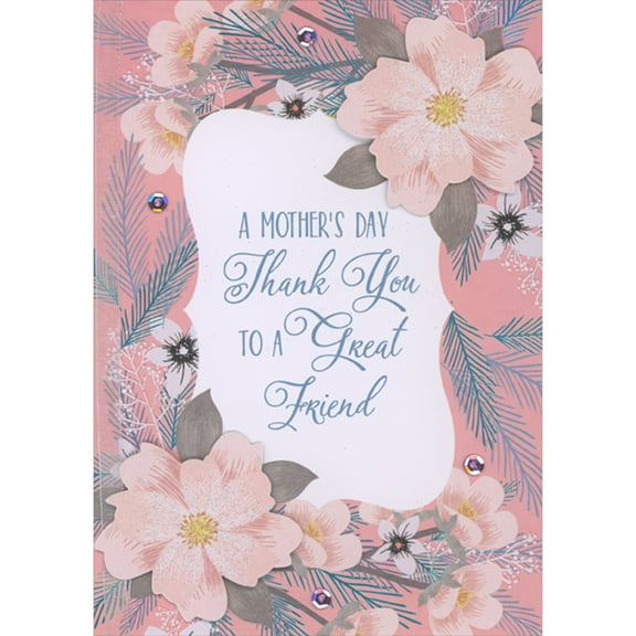 Designer Greetings Pink 3D Flowers, Blue Foil Stems, White Ribbon and Sequins Hand Decorated Mother's Day Card for Friend