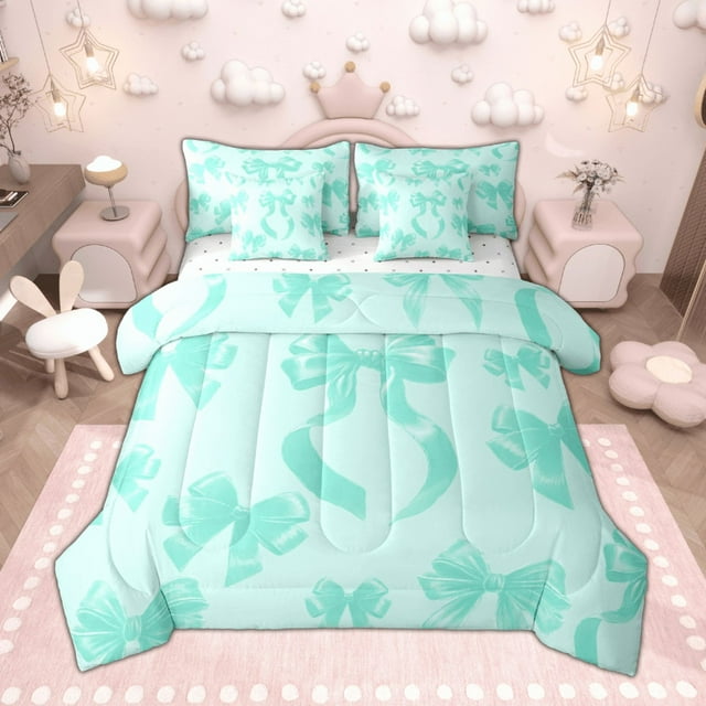 Manfei Chic Cyan Bow Bedding Comforter Set, Girls Bowknot Queen Bedding Sets, Dreamy Princess Ribbon Queen Sheet Sets, Breathable Home Decor Reversible 7 Pieces